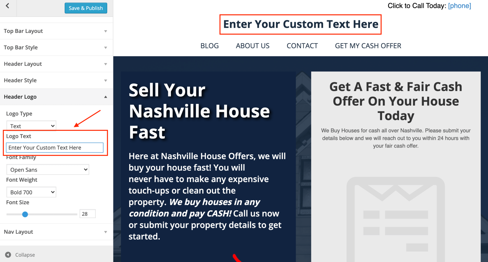 Enter custom text for your real estate investor website header.