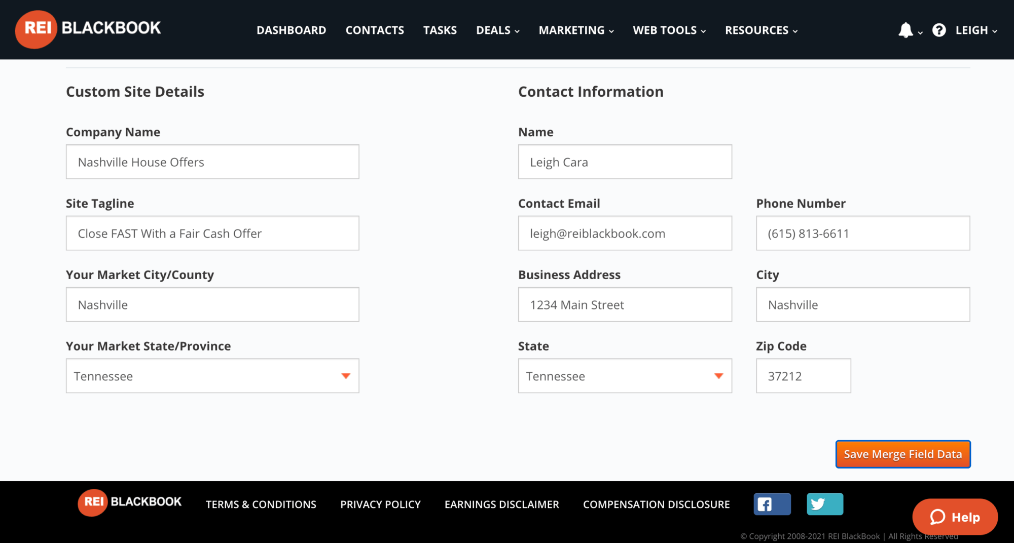 Fill out your custom site details and contact information for your real estate investor website.