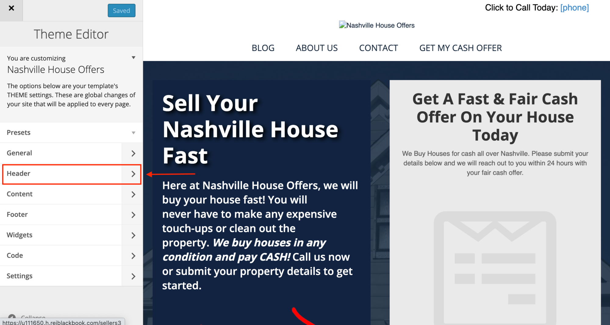 Select "Header" to customize your real estate investor website header.