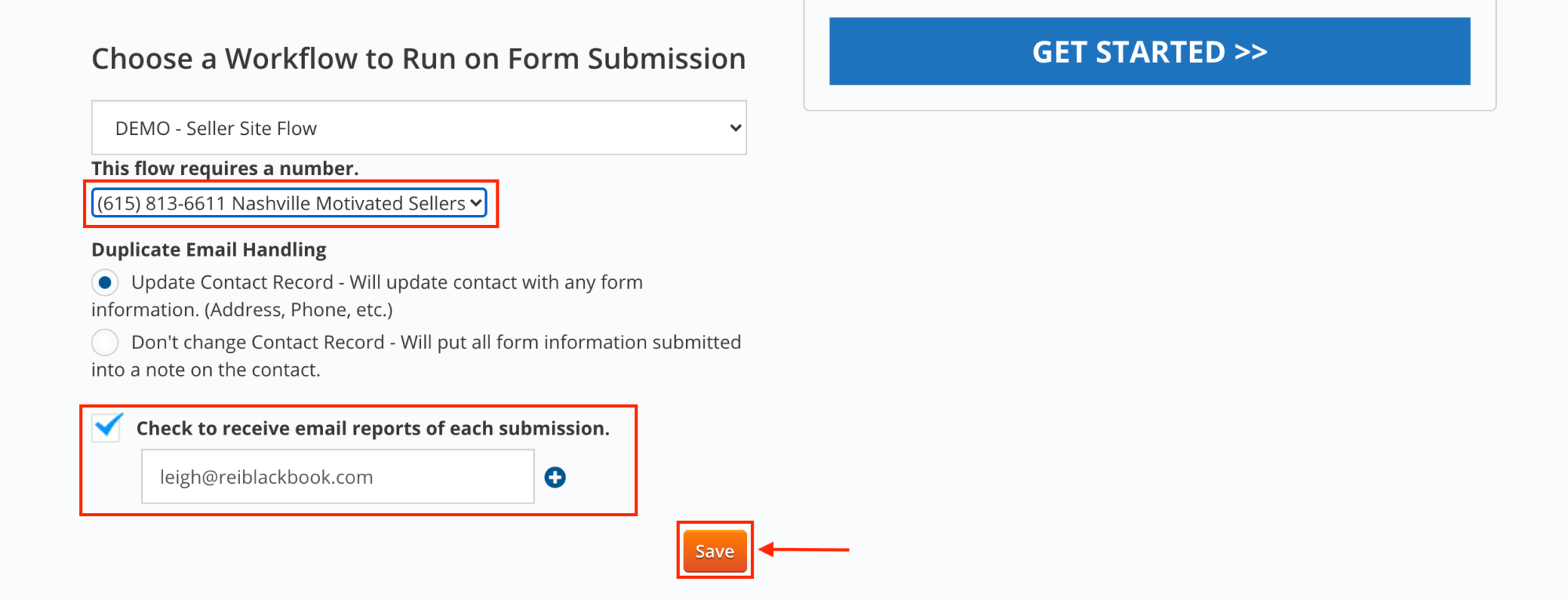Select a phone number for the workflow and designate any email notifications you'd like to go out when people submit the web form on your real estate investor website.