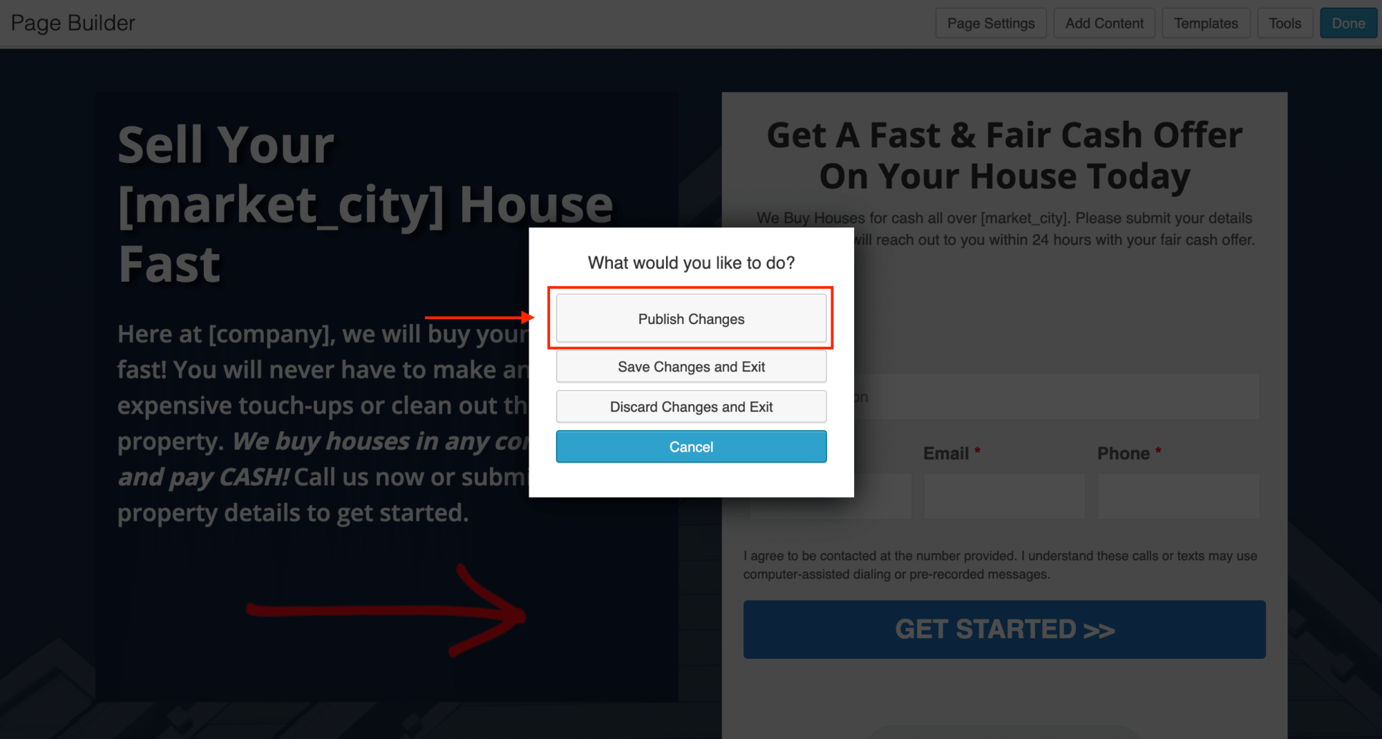 Click "Publish Changes" to update your real estate investor website.