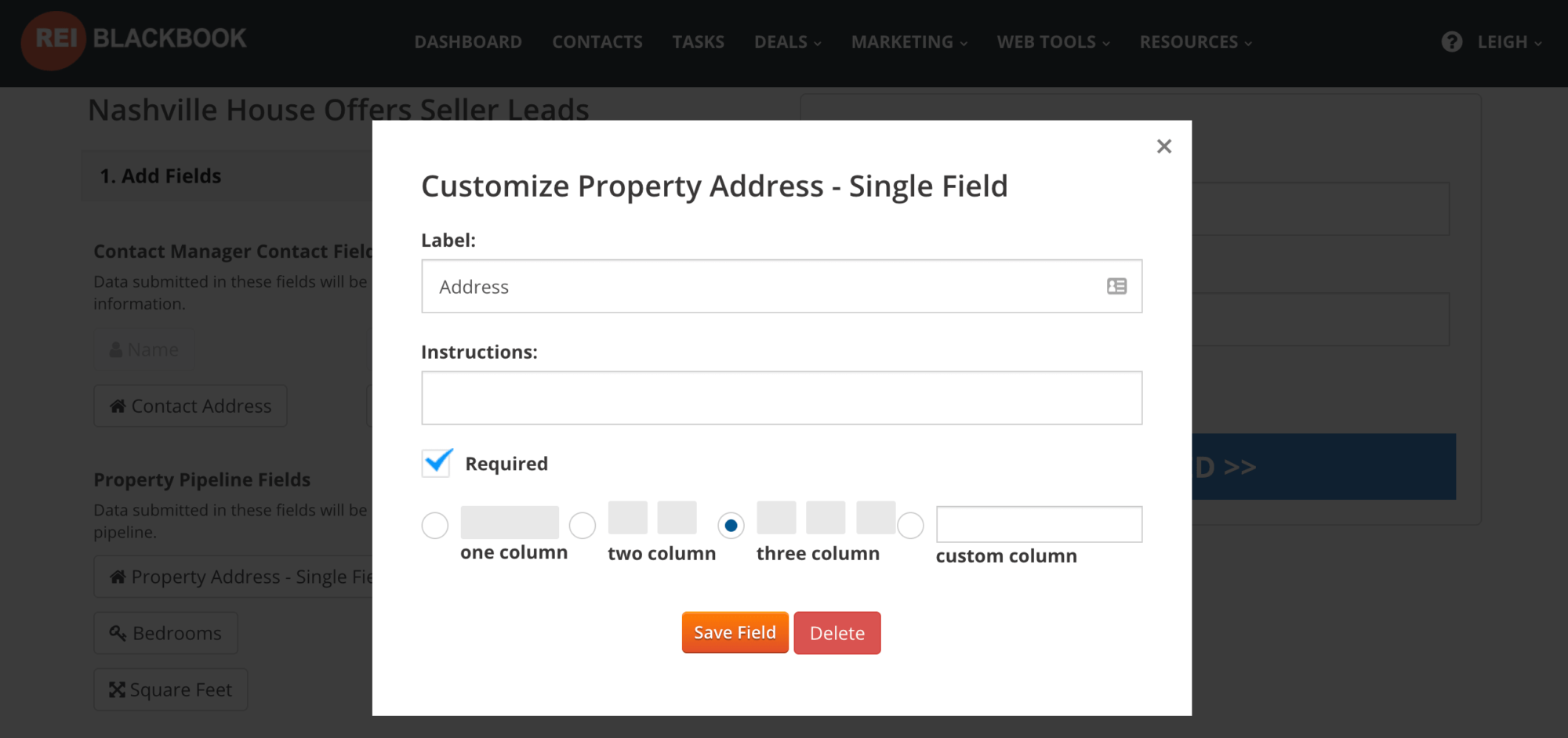 Check the box for "Required" if you'd like the to make the field mandatory on your real estate investor website.