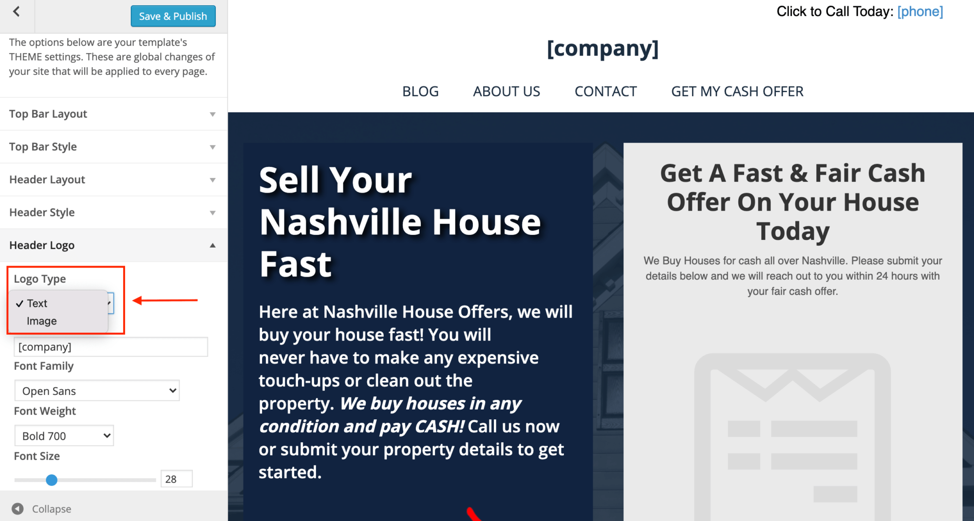 If you don't have a logo image, select "Text" for your real estate investor website header.