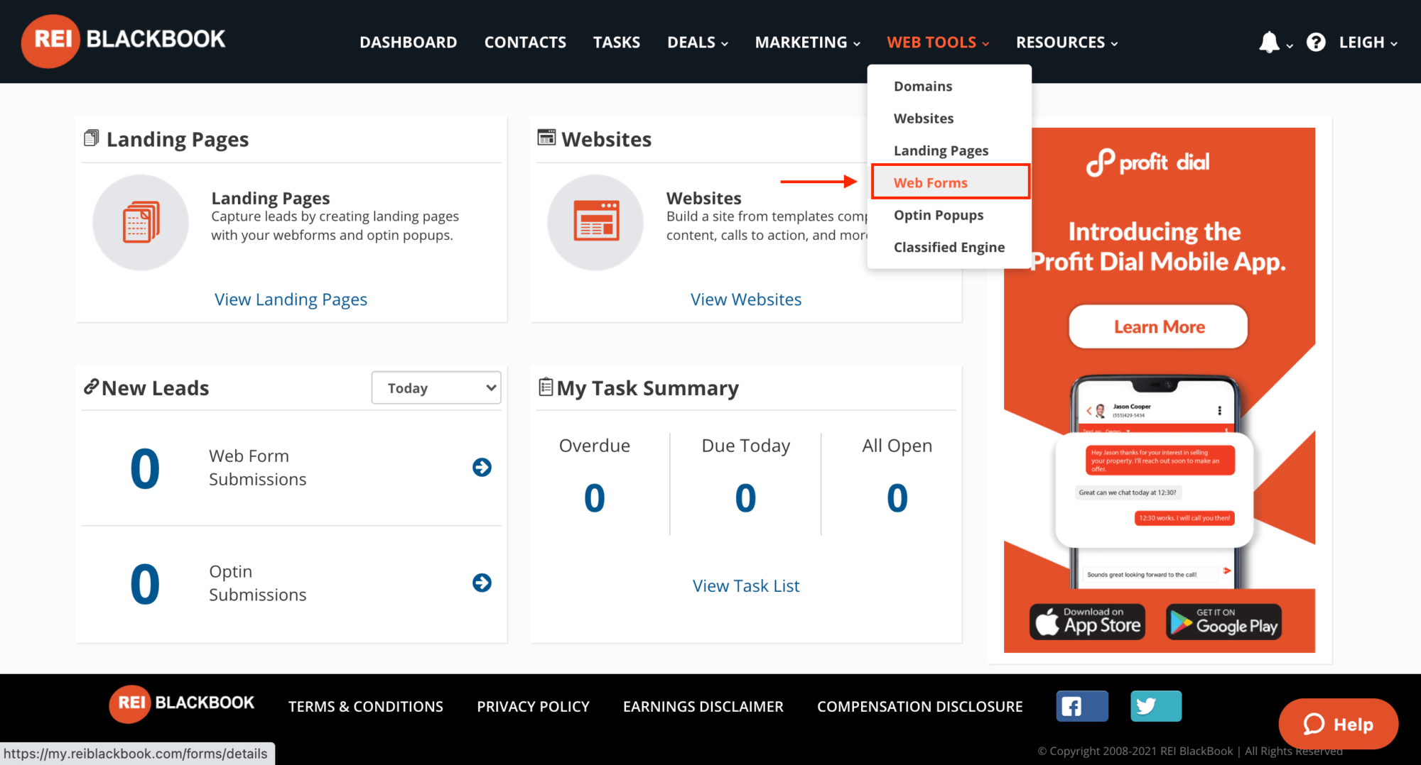 Select "Web Forms" to add one to your real estate investor website.