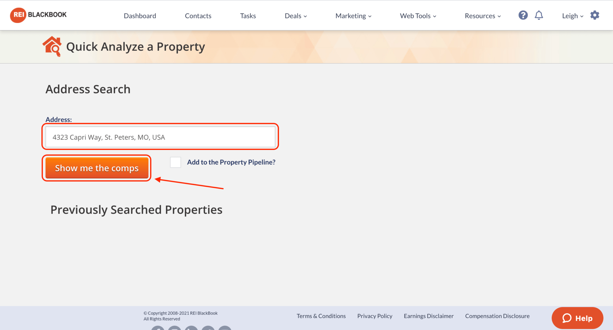 Where to enter the property address when running comps inside of REI BlackBook.