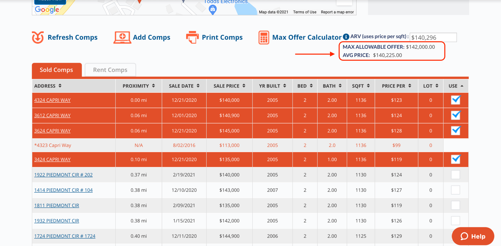 When running comps inside of REI BlackBook, use the table to analyze your deal.