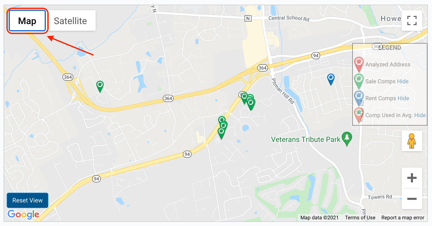 Running comps with map view inside of REI BlackBook's quick analyze tool