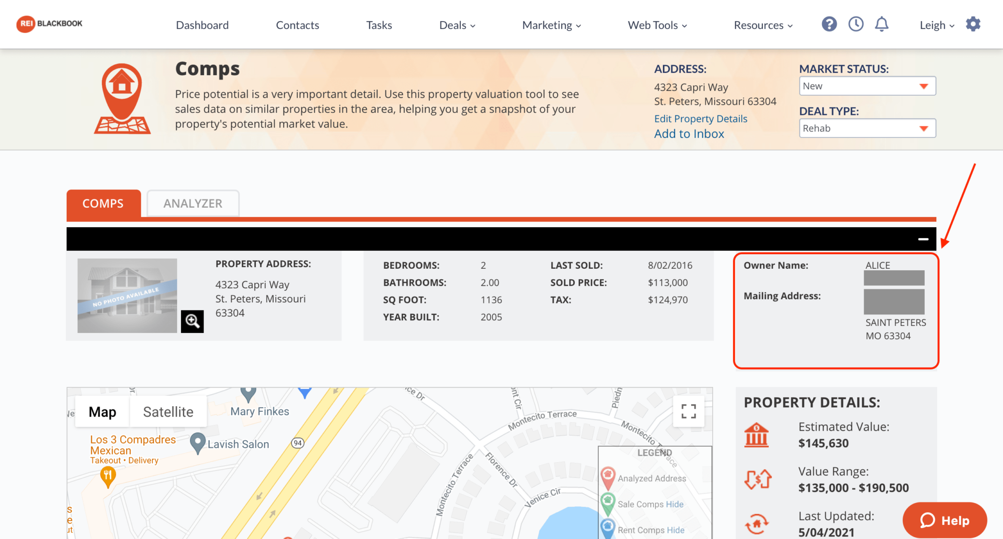 View the owner name and mailing address when running comps inside of REI BlackBook