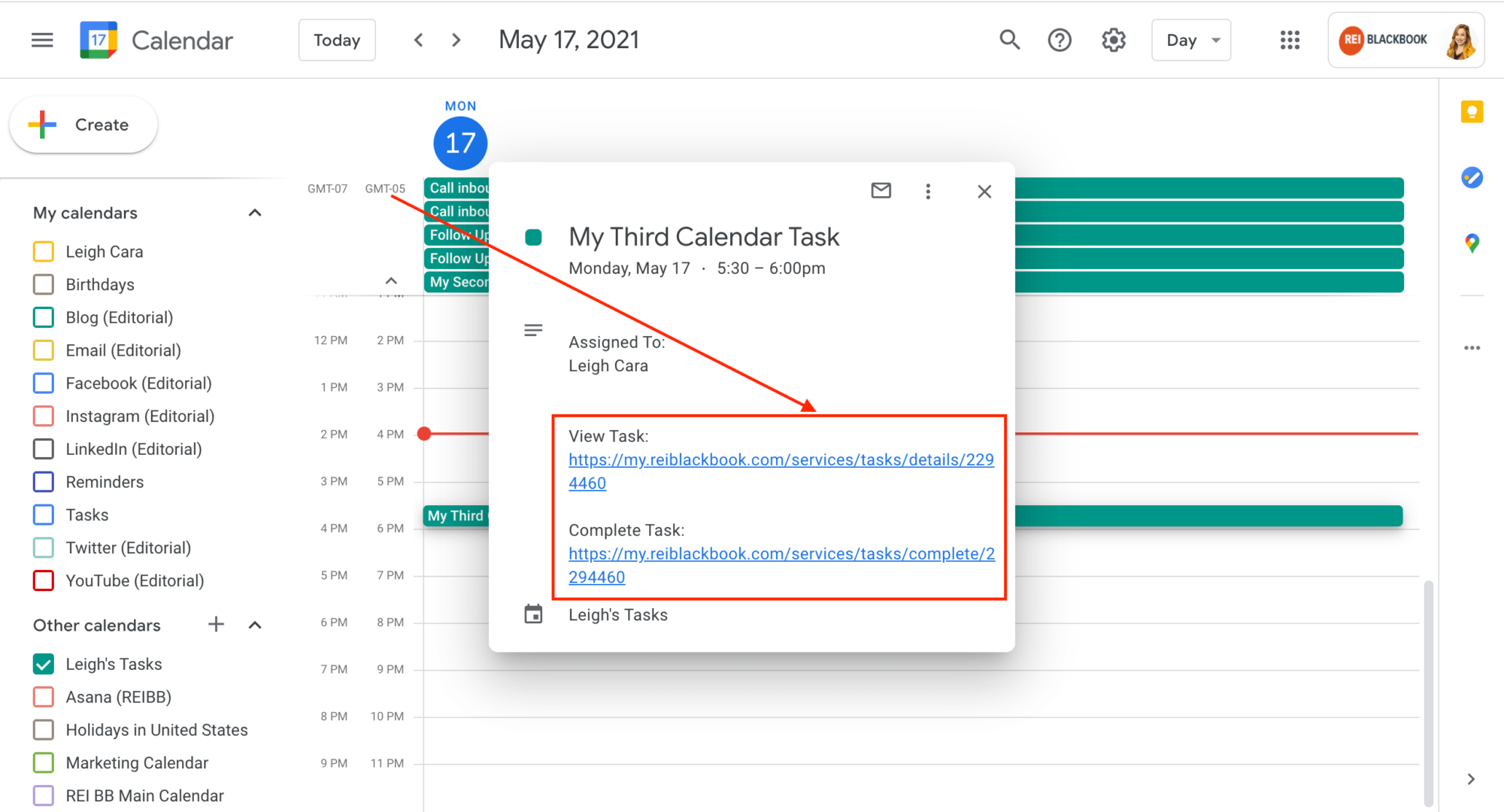 Complete and view task from inside of Google Calendar when using calendar sync.