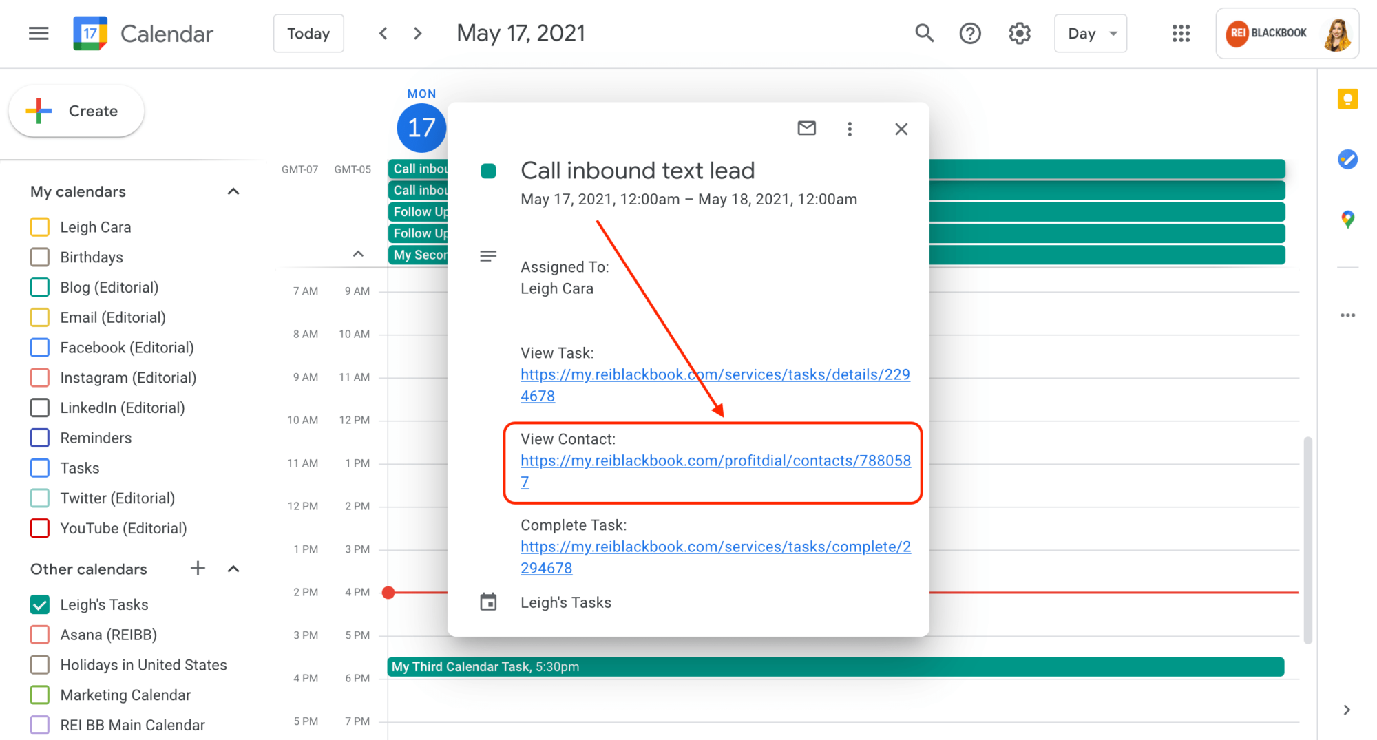 View contact records in REI BlackBook from Google Calendar with using calendar sync
