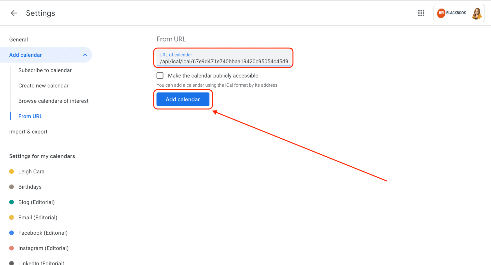Enter the URL to activate calendar sync and click save.